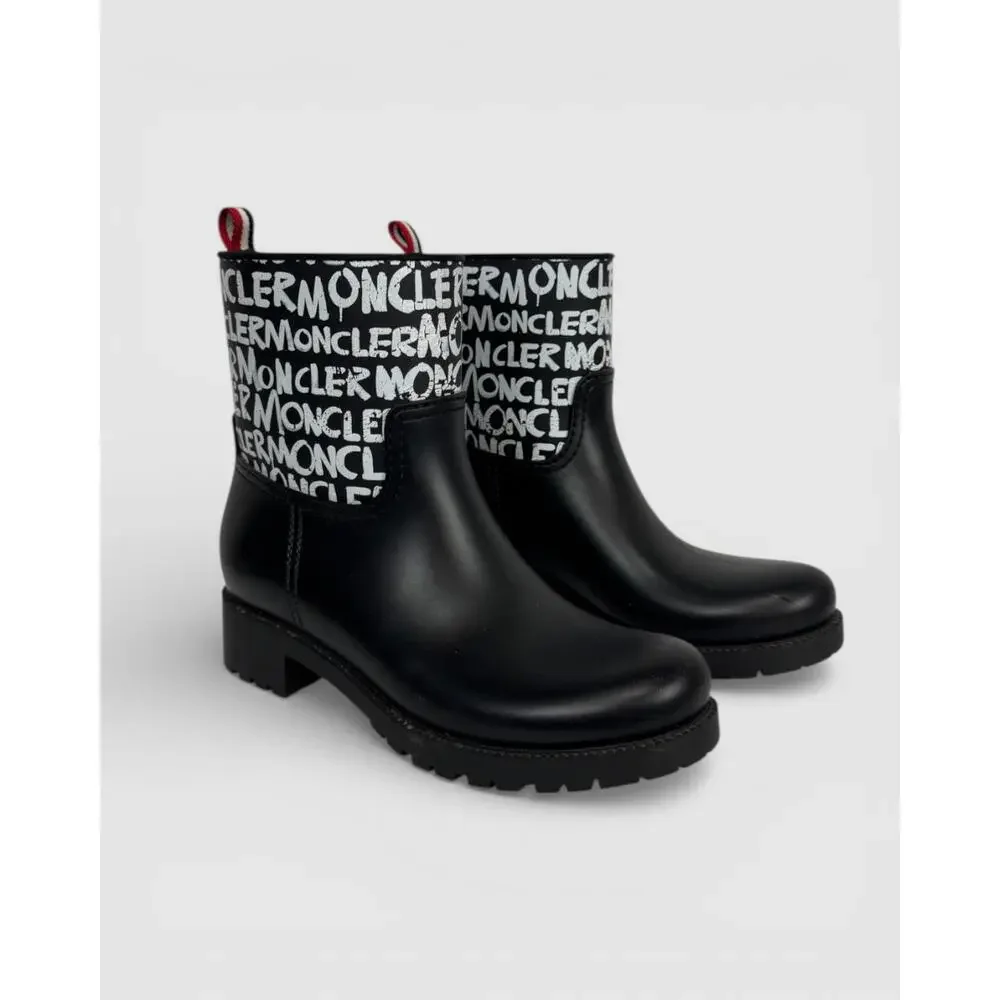 Moncler Black Rubber w White Graphic Mid-Calf Rain Boots